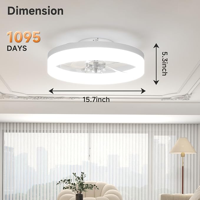 VOLISUN Low Profile Ceiling Fans with Lights and Remote,15.7in Modern Ceiling Fan Flush Mount, 3000K-6500K Dimmable Bladeless LED Fan Light,White Fandelier Ceiling Fans with Lights for Bedroom