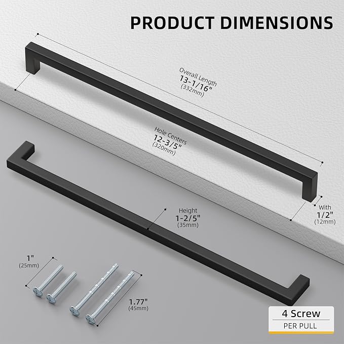 goldenwarm 45 Pack 12-3/5 Inch Black Cabinet Handles Matte Black Drawer Pulls Stainless Steel Cabinets Hardware Square Bar Modern for Kitchen Bathroom Cupboard
