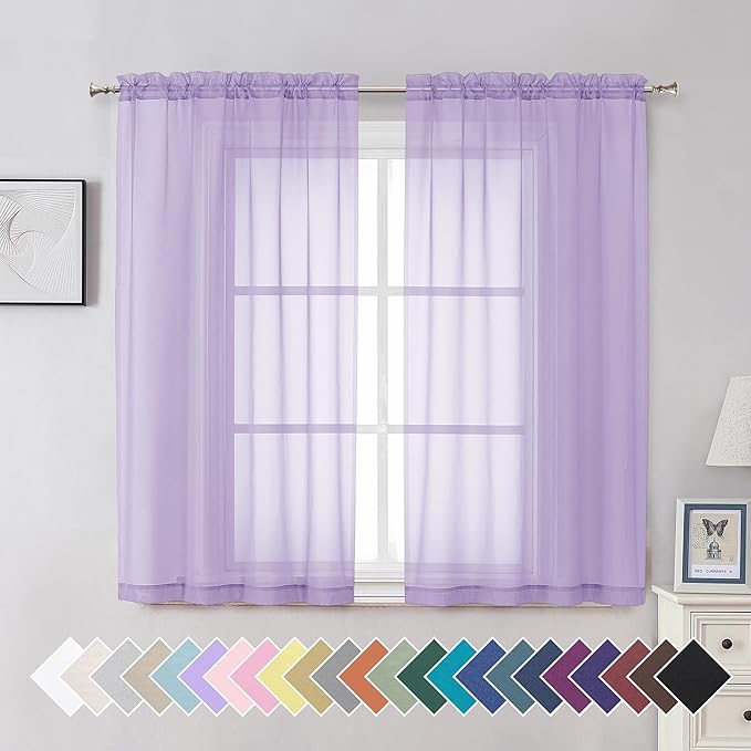 Aiyufeng Light Purple Sheer Curtain Panels Pair Sold 54 Inch Length, Light Filtering Window Curtain Drapes Treatment for Kitchen, Bedroom/Children Room, Voile Top Dual Rod Pocket, 2 Pack of 42 x 54"