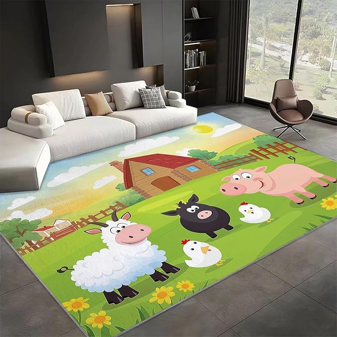 Washable Area Rug 7x8 ft Cartoon Farm Sheep Pig Area Rug for Living Room, Soft Low Pile Rugs, Non-Slip Carpet, Home Decor Floor Rug for Bedroom Dining Room Kitchen