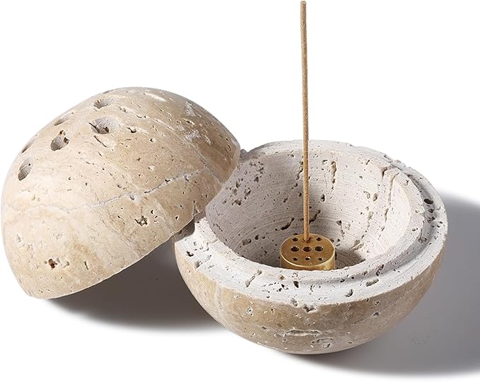 Koville Natural Travertine Stone Incense Burner, Incense Holder for Cone/Balsam Fir/Palo Santo/Sage, Handmade Sphere Incense Burner for Meditation Yoga SPA Relaxation, Home Decor,Beige Travertine