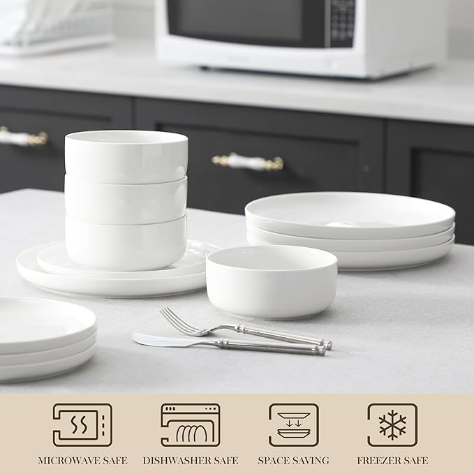 MALACASA Plates and Bowls Sets, 24 Pieces Modern Porcelain Dinnerware Set for 8, Ceramic Dishware Dishes White Kitchen Dinner Dining Ware Set, Microwave and Dishwasher Safe, Series LUNA