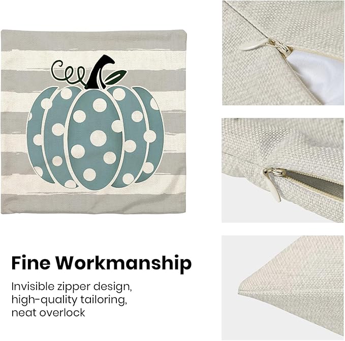 Fall Pillow Covers 20 x 20 Inch, Teal Blue Pumpkin Grey Stripe Decor Throw Pillows for Home Couch Bed, Autumn Thanksgiving Harvest Outdoor Decorative Pillowcase Linen Cushion Cover Set of 2