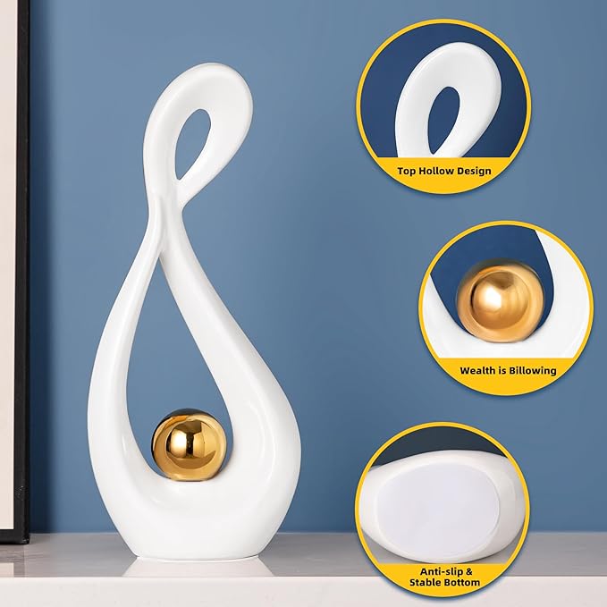 White Gold Decor Modern Sculpture Home Decor, Living Room Table Decor Accessories, Abstract Art Ceramic Statue Table Centerpiece