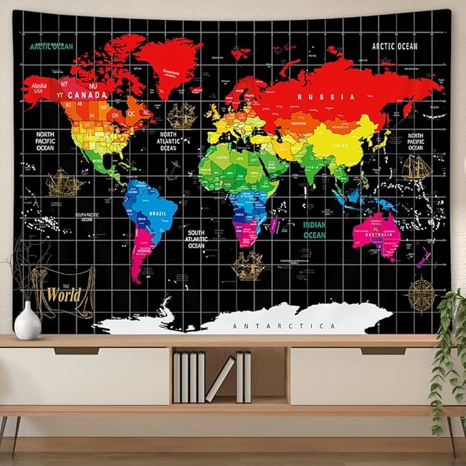 World Map Tapestry, Black Map World Vintag Topography Educational Wall Art Tapestries，Asia Europe South City Topography America Africa Japan Tapestry Wall Hanging 60X40 Inch