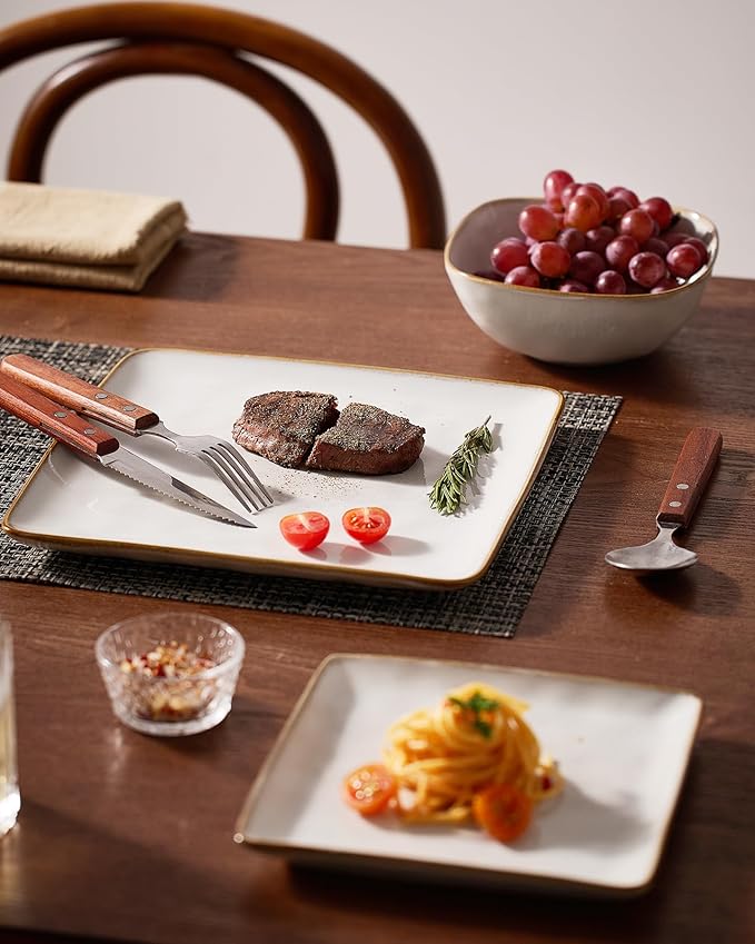 Famiware Dinnerware Sets for 4, Ocean Square 12-Piece Kitchen Plates and Bowls Sets, Reactive Glaze, Microwave and Dishwasher Safe, Scratch Resistant, Cappuccino White