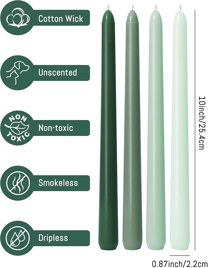 10-Inch Tall Dripless Taper Candles Set of 12 - Tapered Candlesticks - Smokeless, Unscented, Long Burning - Hand Poured, Colored for Home Decor Wedding, Dinner - Green