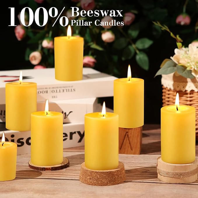 8 Packs Natural Beeswax Pillar Candles, 2x3in Organic Pillar Candles-256 Hours Pure Beeswax Candles Long Burning Time Smokeless Dripless Bees Wax Candle for Home Paryer Relax