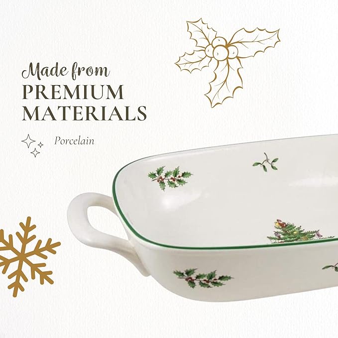 Spode Christmas Tree Oval Breadbasket, 14 Inch x 7.5 Inch Handled Bowl for Fruit, Bread, Cookies - Porcelain Gift, Holiday Serveware & Oven to Table Dish, Dishwasher Safe Tableware