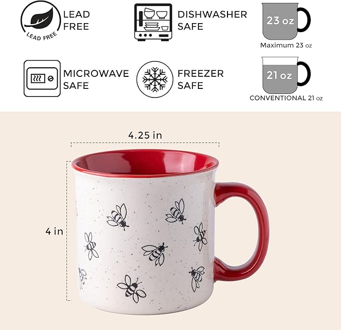 AmorArc 22 OZ Large Ceramic Coffee Mugs, Oversized Soup Cups With Big Handle for Men Women Dad Mom, Big Mug With Textured Bees Patterns for Office & Home -Microwave Safe, 2 Pcs-Red