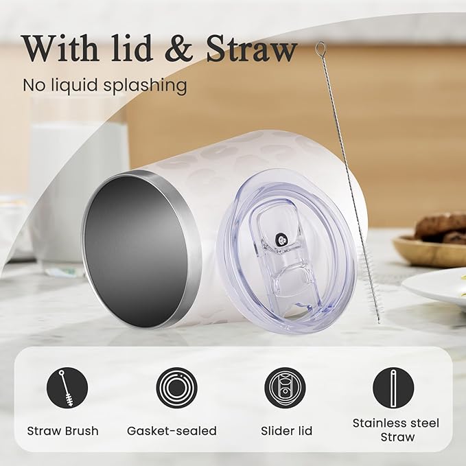 MEWAY 12oz Insulated Wine Tumbler Bulk, Double Wall Vacuum Stainless Steel Travel Tumbler with Straw,12 pack of wine tumbler(Almond Leopard,Set of 12)