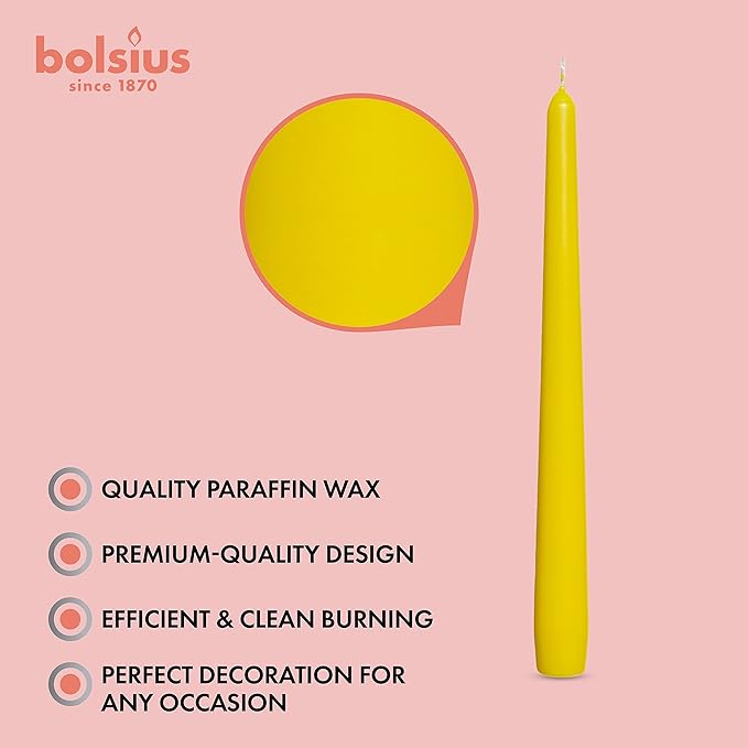 BOLSIUS Yellow Taper Candles - 4 Pack Unscented 10 Inch Dinner Candle Set - 8 Hours Burn Time - Premium European Quality - Smokeless and Dripless Household Wedding, Party, and Home Decor Candlesticks