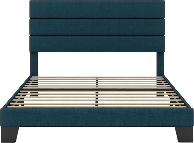SHA CERLIN Queen Platform Bed Frame with Upholstered Fabric Headboard, Mattress Foundation with Strong Wooden Slats Support, No Box Spring Needed, Blue