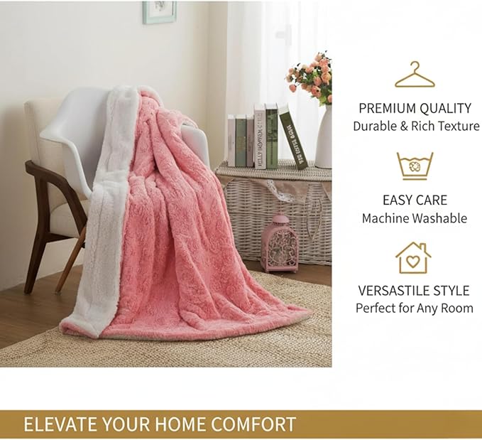 DaDa Bedding Luxury Faux Fur Throw Blanket - [ Non Shedding - Machine Washable] Fluffy Super Cuddly Soft Roses Sherpa Backside - Warm Plush for Lap or Sofa - Bright Vibrant Pink & White - 90" x 90"