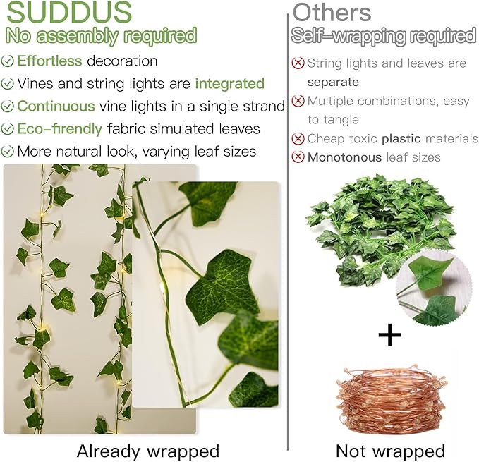 suddus Vine with Fairy Lights Battery Operated, 13.1ft 40 LED Ivy String Light with Remote, Leaf Lights for Bedroom, Room, Wall, Garden, Party, Wedding Decor (Warm White)