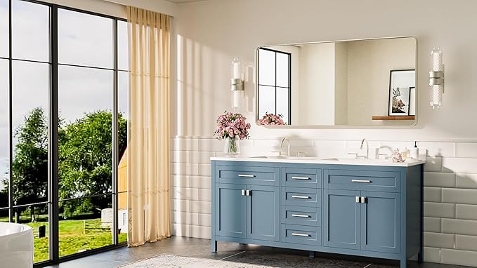 TETOTE Brushed Nickel Bathroom Mirror 48 x 24 Inch Brushed Nickel Metal Framed Bathroom Mirror, Tempered Glass, Modern Farmhouse Wall Mounted Mirror for Decorative(Horizontal/Vertical)