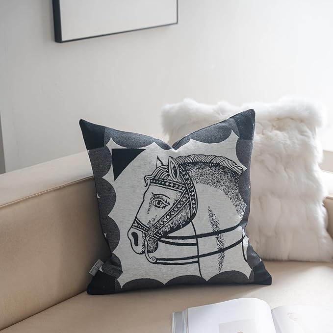Premium Throw Pillow Covers 18x18 Inches - Black Elegance Palace Horse Chenille Jacquard Embroidery Decorative Couch Pillow Covers for Living Room Bedroom Sofa Home Décor