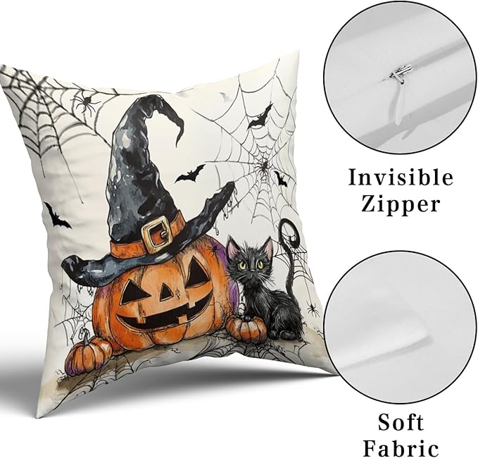 Giwawa Halloween Pillow Covers Set of 2- Rustic Spooky Pumpkin Black Cat Cotton Double Sided Throw Pillow Cases- Gothic Spider Web Bats Soft Cushion Cover 16"x16" for Sofa Porch Holiday Decor