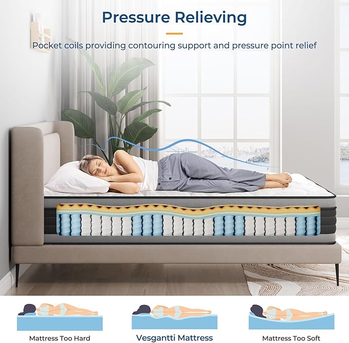 Vesgantti Twin Mattress, 10 Inch Hybrid Twin Size Mattress with Memory Foam and Individually Pocket Spring, Pressure Relief & Support, Medium Firm Feel, Mattress in a Box