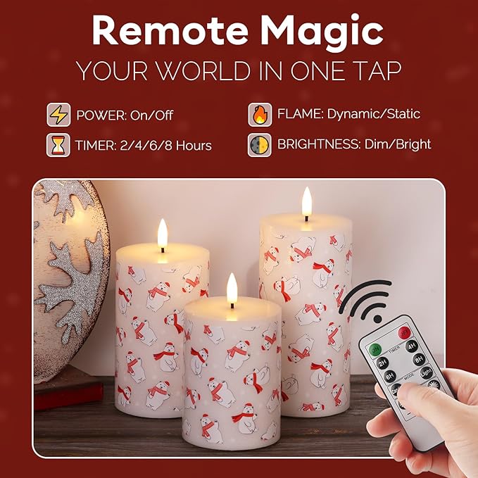 Eywamage Christmas Flameless Pillar Candles with Remote Timer, Battery Powered Bear Candles, Flickering LED Wax Candlles Set of 3