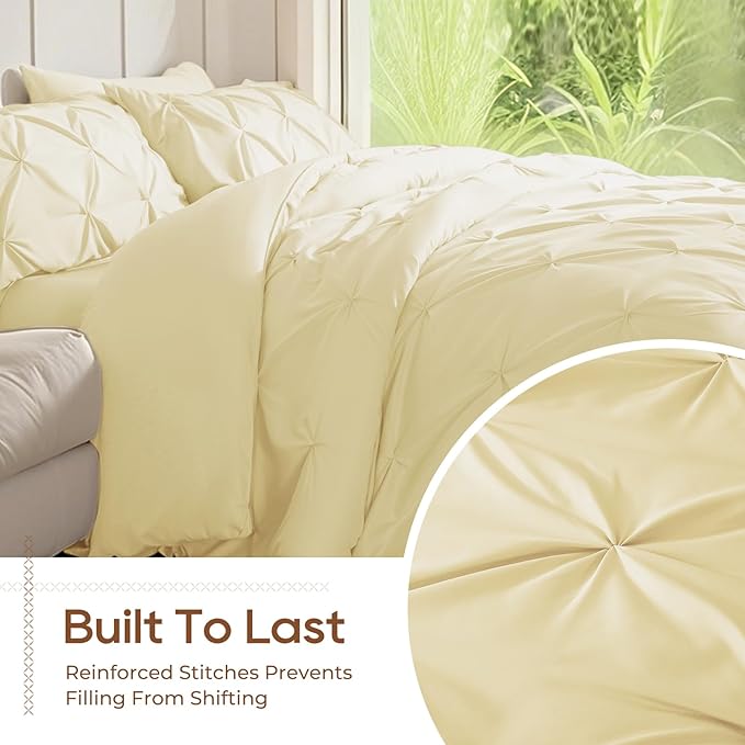 Sasttie Twin Comforter Set, 5-Piece Bed in a Bag, Pintuck Bedding Sets for All Season, Includes Comforter, Flat Sheet, Fitted Sheet, Pillowcase and Pillowsham, Pale Yellow