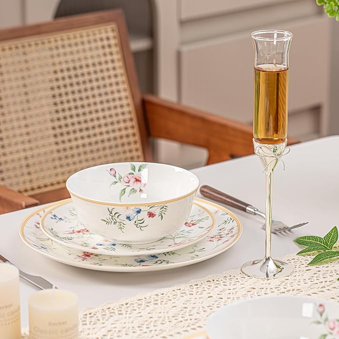 Bone China Plates and Bowels,12-Pieces Dinnerware Sets, Highly Chip and Crack Resistant, Dishwasher & Microwave Safe Dishes Set, Dense and Translucence