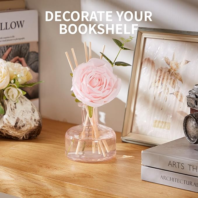 Reed Diffusers Set Rose Scent, Reed Diffuser for 120 Days, Diffusers for Home Pink Bottle,Bathroom Diffuser with 7 Sticks, Home Decor, Shelf Decor