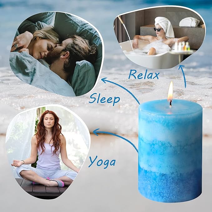 3x4 Inche Pillar Candles Ocean Scented Aromatherapy Candles Long Lasting Burn Blue Mottled 3-Layered Candles for Home Scented, SPA, Restaurant, Set of 3, Immeiscent