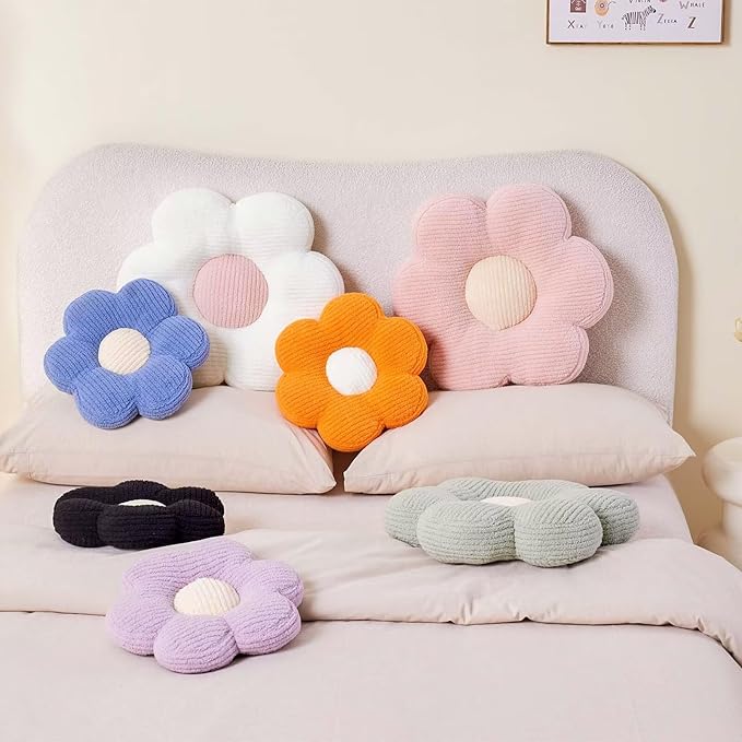 Flower Pillow, Cute Daisy Decorative Pillow for Bed, Soft Home Decor Floor Seating Cushion (White, 19.6 Inches)
