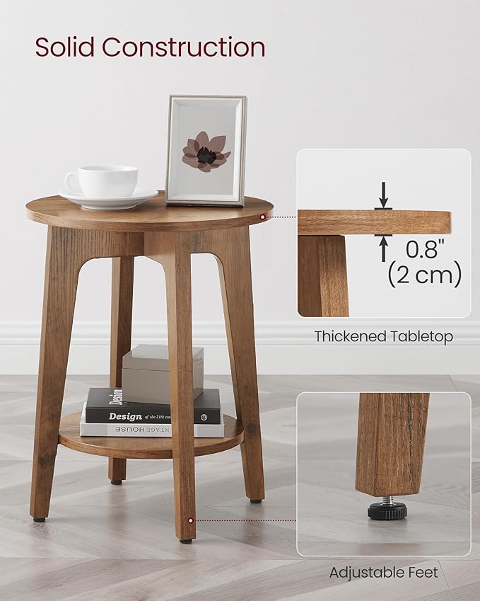 VASAGLE MAEZO Collection - Side Table, 2-Tier Small Round End Table, Nightstand with Tapered Legs, Curved Transitions, for Small Spaces, Living Room, Bedroom, Rustic Walnut ULET283T41