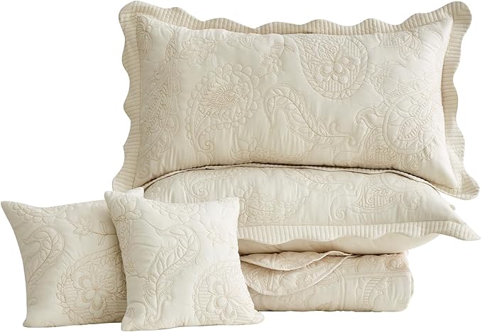 HZ & HY Oversized King Bedspread 128x120 Extra Wide, Quilted Coverlet Bedding Set, Lightweight Thin Comforter, Reversible, Luxurious, 5 Piece, 100% Microfiber, Ivory Yellow