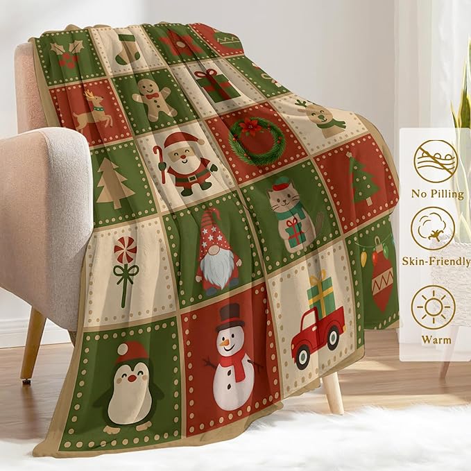 Christmas Decorative Blanket, Cute Santa and Reindeer Cat and Tree Print Throw Decoration, Soft Flannel Winter Blankets for Couch Bed Sofa, Holiday Home Decor, Xmas Festival Gifts 60x80 Inch