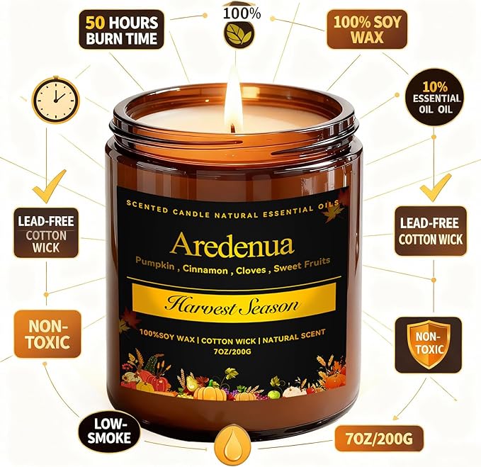 Harvest Season Candle - Fall Candles | Autumn Harvest Scented Candle - 7oz Soy Candles for Home Scented, Long Lasting Fall Scented Candle for Home, Cozy Seasonal Gift for Women Men