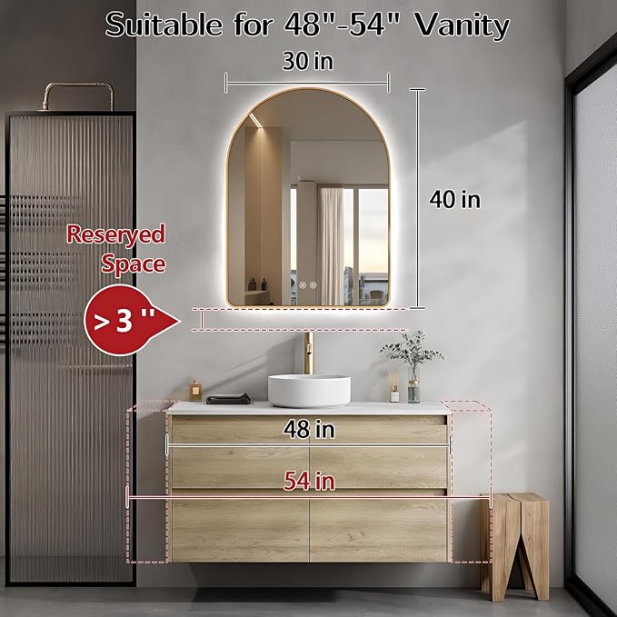 Niccy Arched LED Lighted Bathroom Mirror, 40x30 Inch Backlit Vanity Bathroom Mirror with Lights Brushed Gold Framed Wall Mounted Mirrors with 3 Color Shatterproof Arch Smart Fog Free Mirror