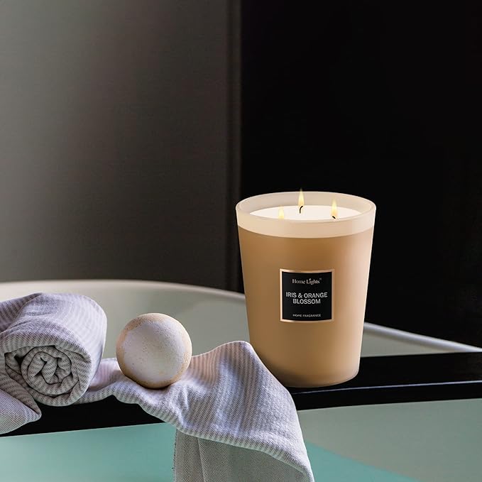 HomeLights Scented Candles | Large Jar Candle-33.3 Oz. Natural Soy Aromatherapy Candles | Up to 130 Hours Burn Time with 3 Cotton Wicks, Home Decorative Fragrance Candle Gift - Iris & Orange Blossom