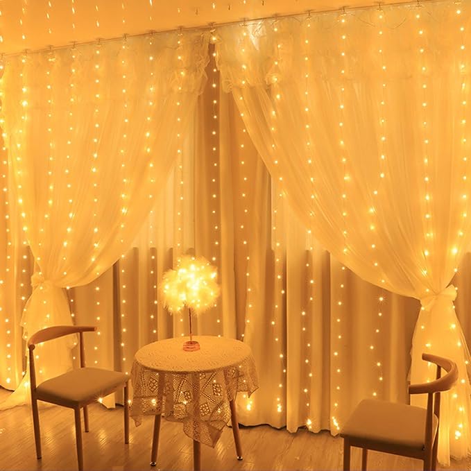 FUNPENY Window Curtain String Lights, 300 LED 8 Lighting Modes Fairy Lights USB Powered, Waterproof Lights for Christmas Bedroom Party Wedding Home Garden Wall Decorations, Warm White