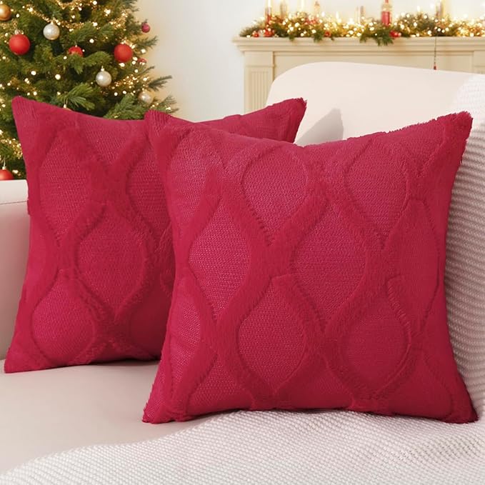 decorUhome Christmas Throw Pillow Covers 18x18 Inch Set of 2, Soft Plush Faux Fur Wool Red Couch Pillow Covers, Decorative Neutral Pillow Cases for Bed Sofa Living Room Home Decor