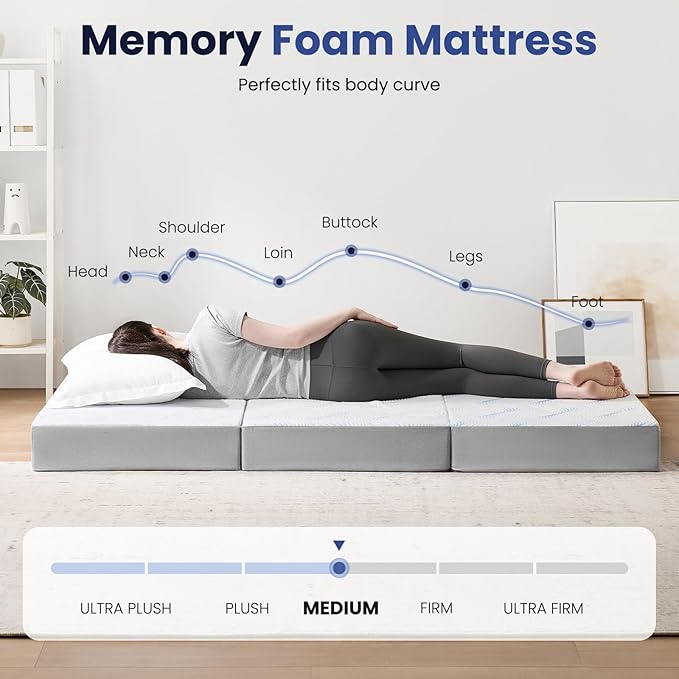 Foldable Mattress Full 3 inch -Portable White Memory Foam Folding Matress with Washable Cover for Camping Travel Guest Room Home Use-Non-Slip&Easy Storage
