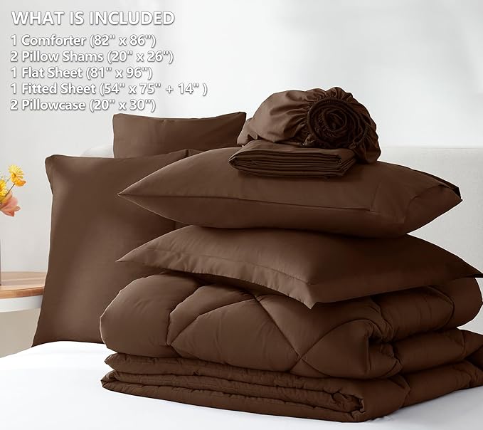 CozyLux Full Size Comforter Sets Brown - 7 Pieces Bed in a Bag Full, Luxury Soft Bed Set for All Seasons, Bedding Set with Down Alternative Comforter, Sheets, Pillowcases & Shams