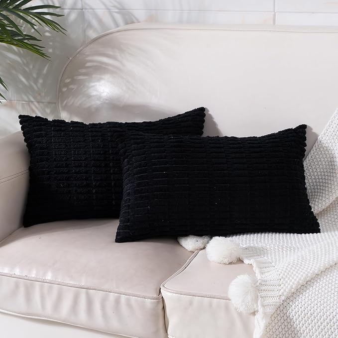 Corduroy Decorative Throw Pillow Covers 12x20 Inch Set of 2, Soft Striped Boho Couch Pillow Covers Modern Farmhouse Home Decor for Sofa Living Room Bed Neutral Black