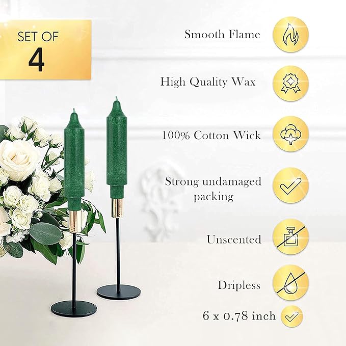 Green Short Taper Candle Sticks Dripless Tapered Candles for for Holiday Wedding Party Wax Unscented Dinner 6 inch Set of 4,Crystal Green