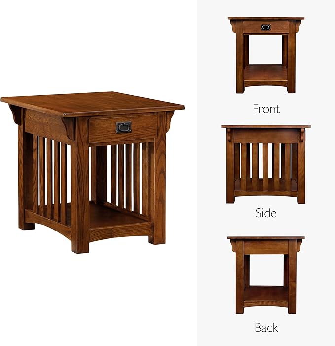 Leick Home Mission Impeccable End Table, Solid Wood Accent Table with Drawer & Shelf, Medium Oak Finish, Craftsman Style, 22 in L x 25 in D x 23 in H, 8207