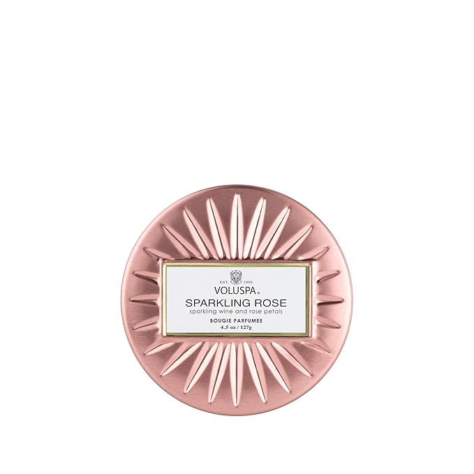 Voluspa Sparkling Rose, Mini Tin Candle, 4 Ounce, 25 Hour Burn Time, Coconut Wax for Clean Burning, Handcrafted in The USA