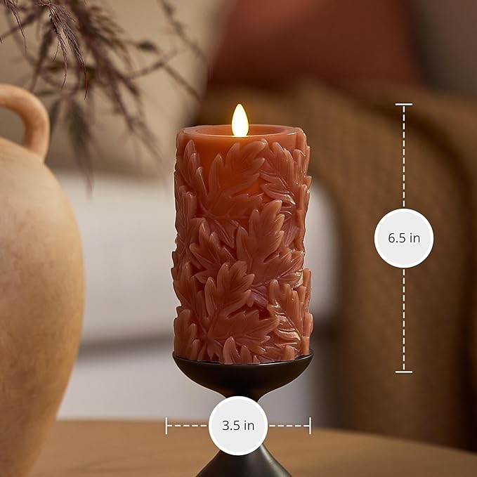 Luminara Embossed Leaves Flameless Pillar Caramel Café, Moving Flame LED Candle Real Wax Unscented Battery Operated (3.5" x 6.5")