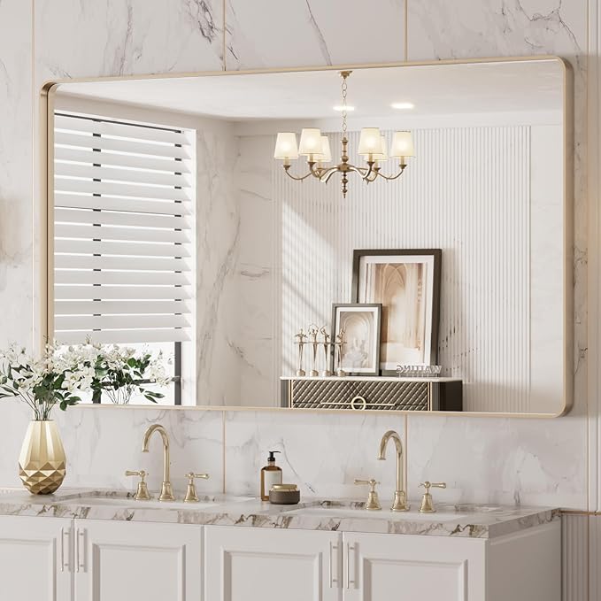 LOAAO 50”X30” Gold Bathroom Mirror, Rounded Rectangle Gold Frame Mirror, Brushed Gold Bathroom Vanity Mirror Wall-Mounted, Anti-Rust, Tempered Glass, Hangs Horizontally or Vertically