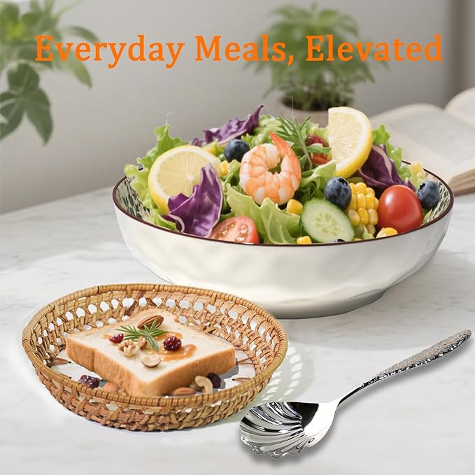 10"Ceramic Large Salad Serving Bowl with Serving Utensil & 7.8"Round Rattan Tray with Mother of Pearl Inlay for Vegetables, Fruit, Baking, Dessert, Kitchen, Party Diy, Pre Meal and Serve Dishes