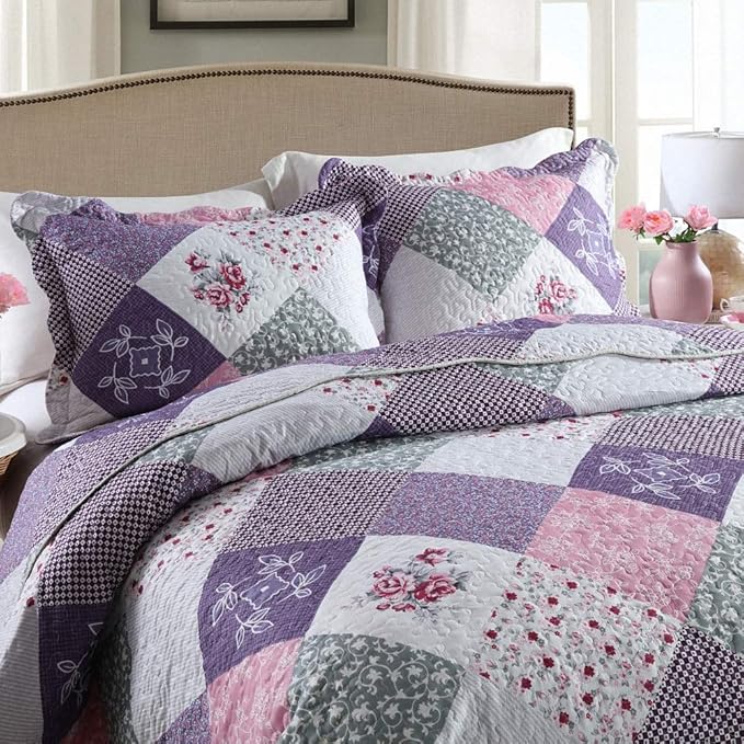 Homcosan Quilt Bedspreads Sets King Size (98x106 inches), Reversible Purple Floral Patchwork Patterns, Lightweight Coverlet for All Season, 3-Piece Bedding (1 Quilt + 2 Pillow Shams)