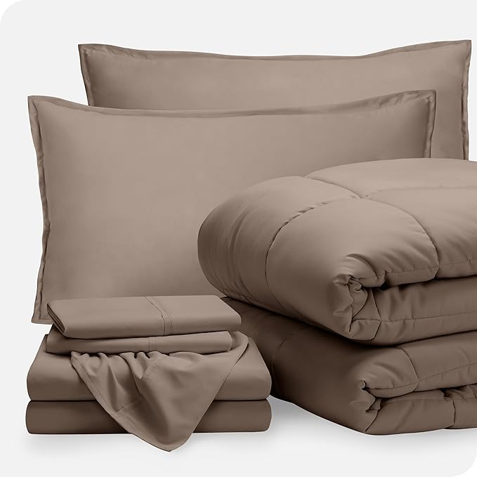 Bare Home Bed-in-A-Bag 7 Piece Comforter & Sheet Set - California King - Goose Down Alternative - Ultra-Soft 1800 Premium Bed Set (Cal King, Taupe/Taupe)