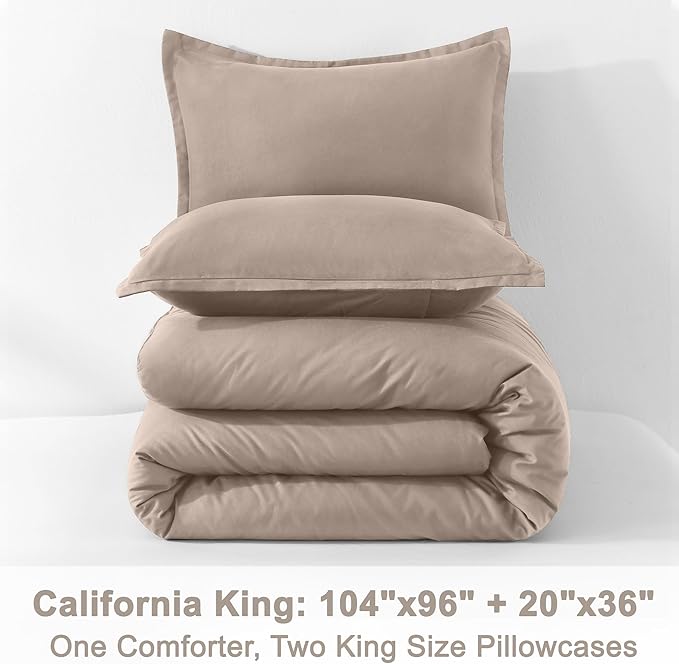 Litanika California King Comforter Set Light Coffee - 3 Pieces Cal King Lightweight Soft Plain Bed Comforter, Oversized Down Alternative Bedding Set - Machine Washable (104x96In, 2 Pillowcases)