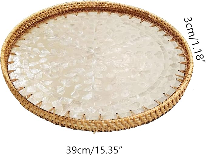 i-lan 16 Inch Rattan Round Serving Tray with Beige MOP Wooden Base, Extra Large Wicker Ottoman Serving Platter with 1”Side, Woven Basket Plates for Home Décor, Coffee Table, Display